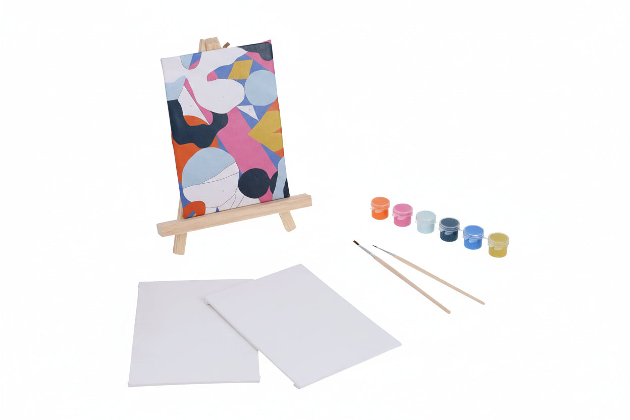 Artistic painting set with a colorful abstract painting on an easel, paint containers, brushes, and blank paper.