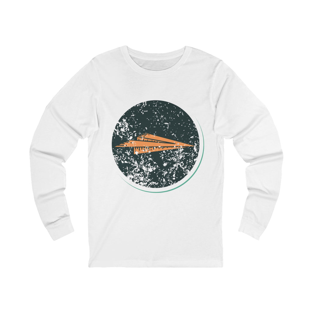 White long-sleeve shirt with a circular design featuring a paper plane on a white background