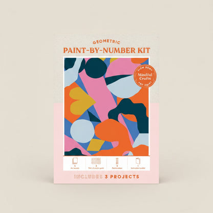 Geometric paint-by-number kit cover with abstract shapes and product details.