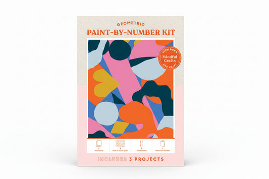 Geometric paint-by-number kit cover with abstract shapes and product details.