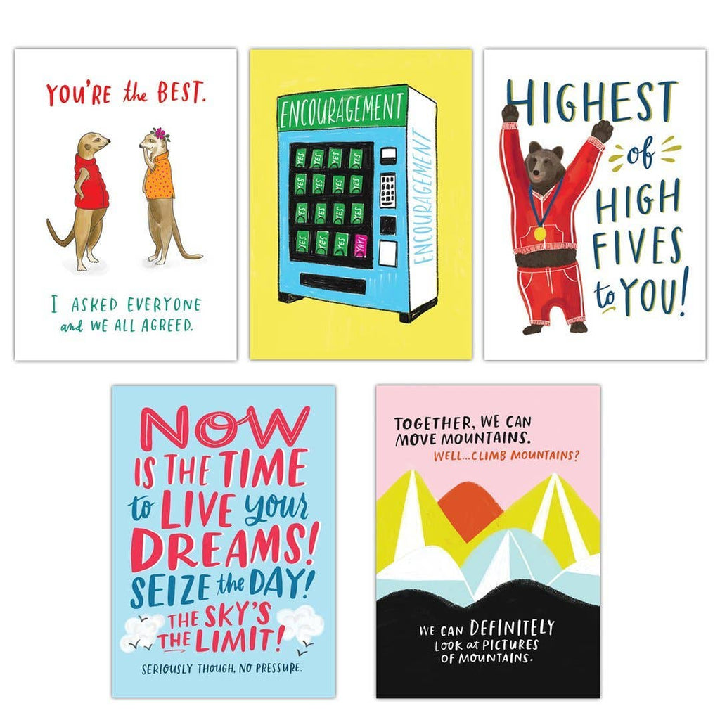 Five motivational greeting cards with various designs and text on a white background