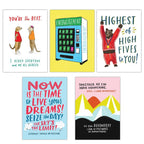 Five motivational greeting cards with various designs and text on a white background