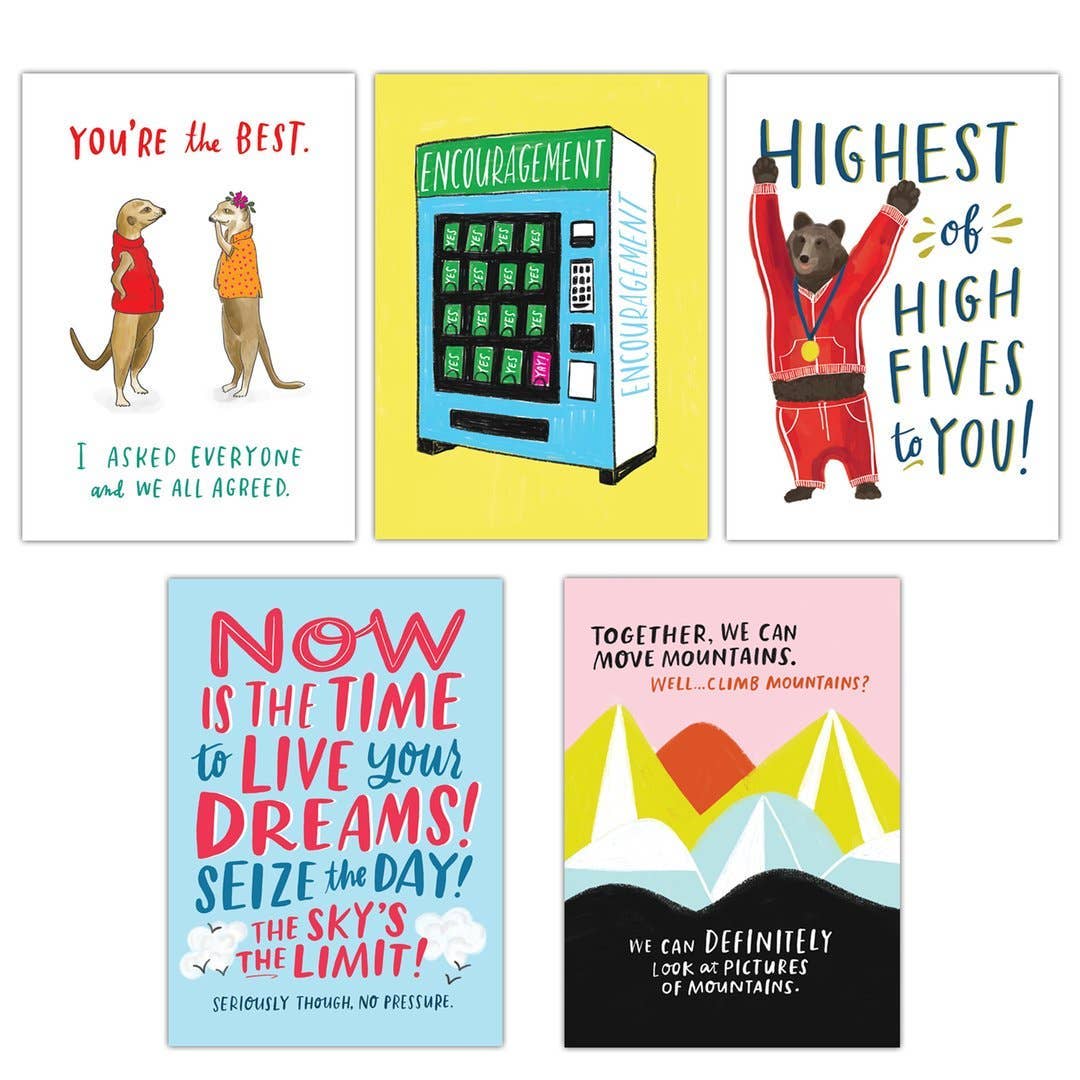Five motivational greeting cards with various designs and text on a white background
