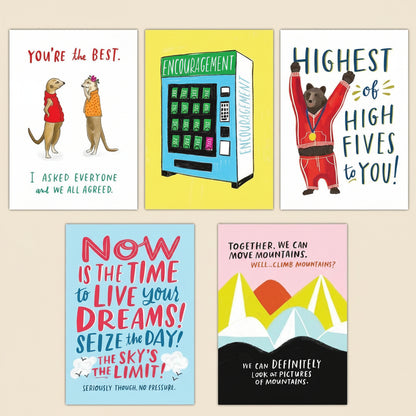 Five motivational greeting cards with various designs and text on a white background