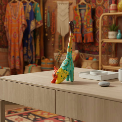 Close-up of carved albesia wood cat with colorful painted details and upright tail showcased in a beautiful and warm closet space