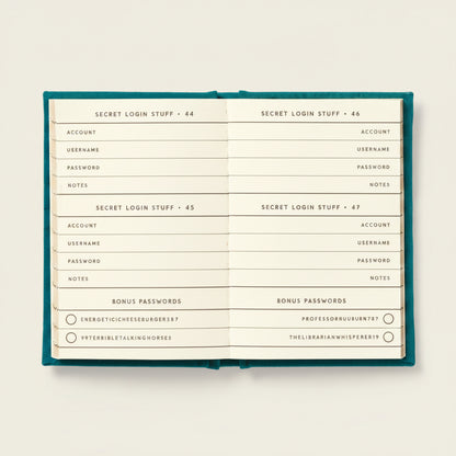 Mini password manager book with entries on a white background