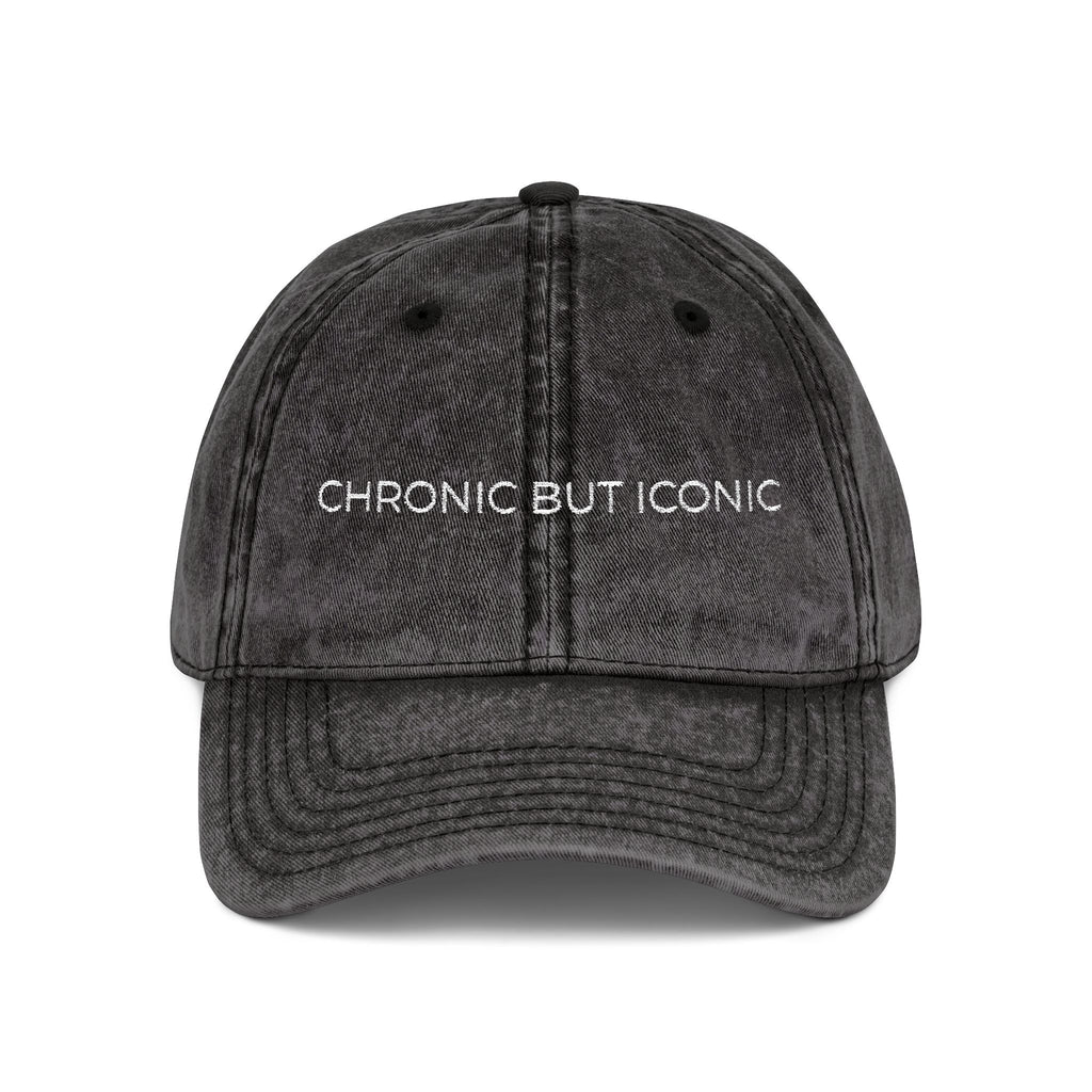 Black distressed cap with 'Chronic But Iconic' text on a white background