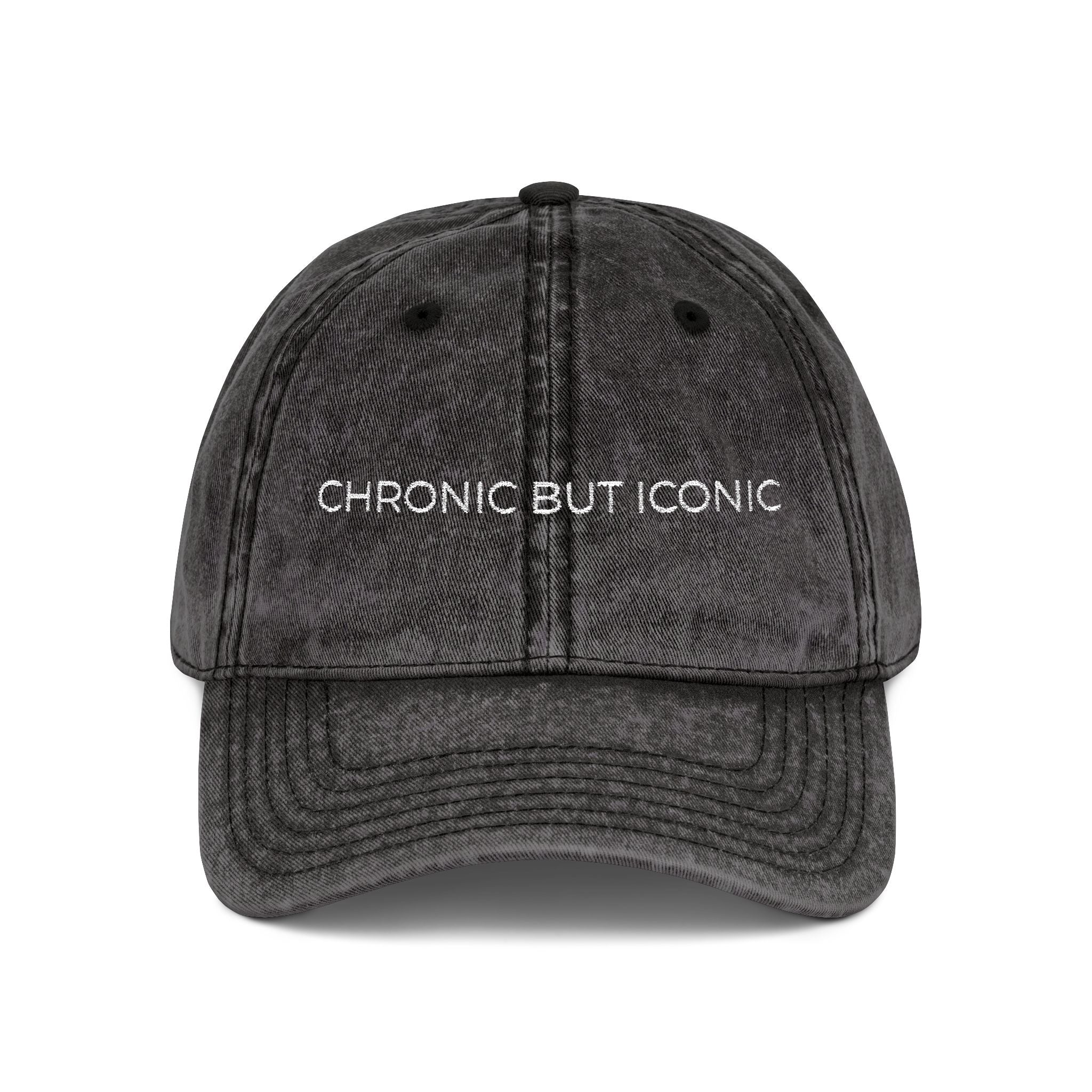 Black distressed cap with 'Chronic But Iconic' text on a white background