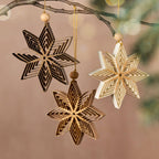 Decorative snowflake ornaments hanging on a branch with a blurred natural background