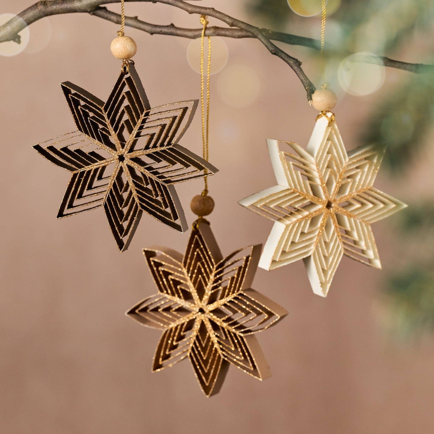 Decorative snowflake ornaments hanging on a branch with a blurred natural background