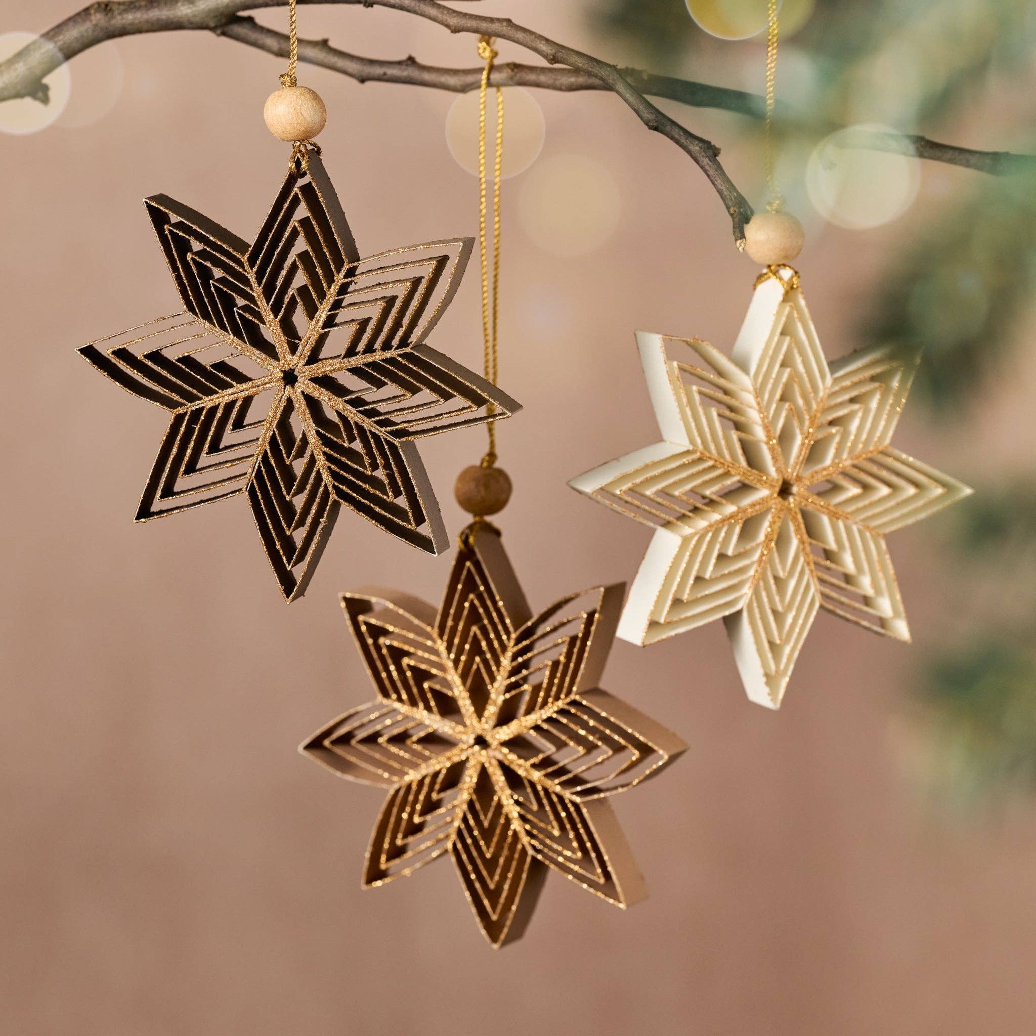 Decorative snowflake ornaments hanging on a branch with a blurred natural background