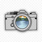 Adventure Awaits Camera sticker on laptop, water bottle, and camera gear