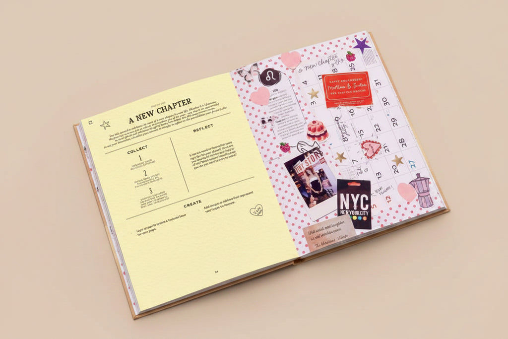 Open book with a calendar page and decorative elements on a pink background