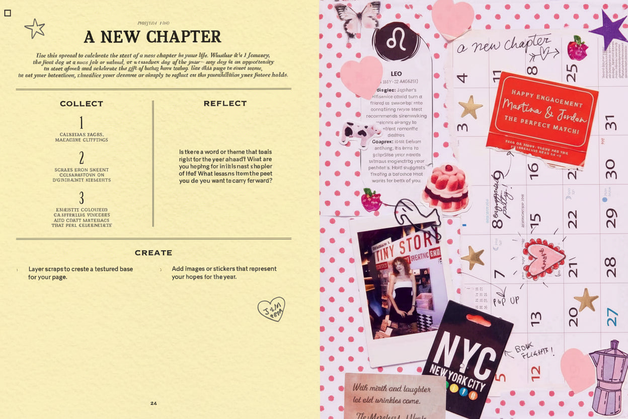 Open book with a calendar page and decorative elements on a pink background