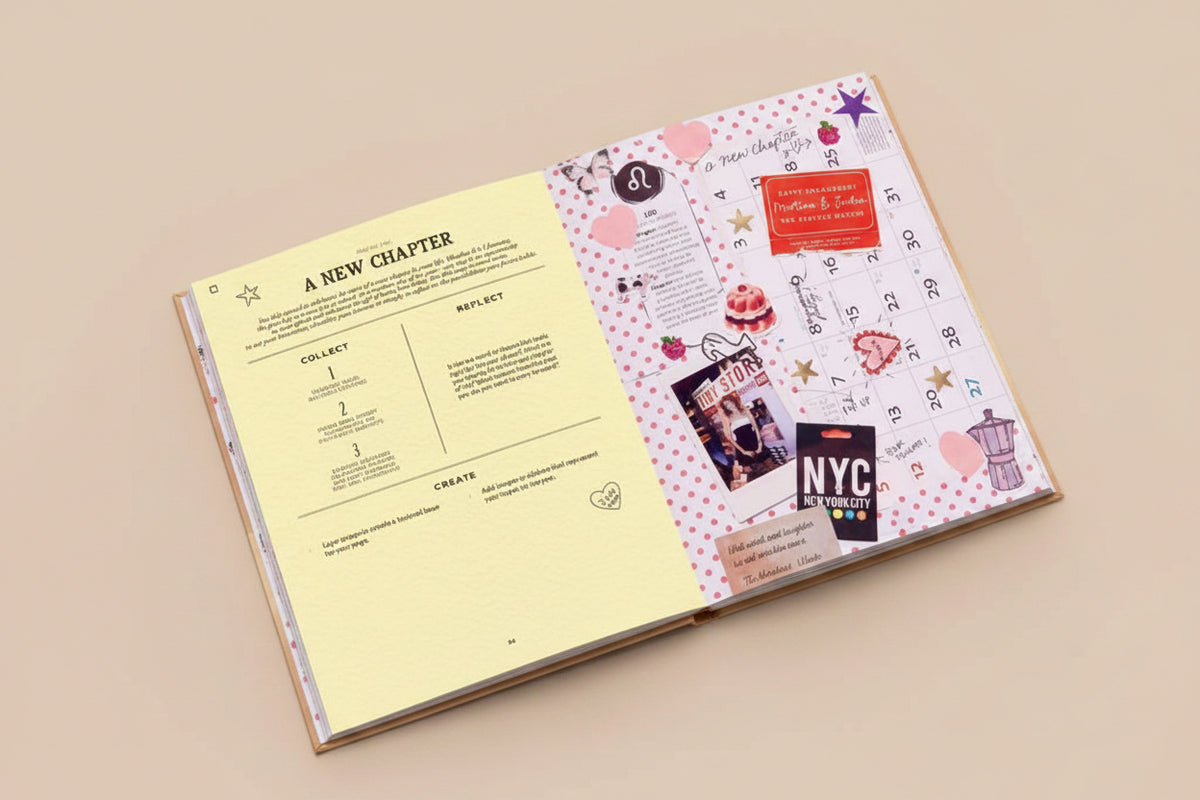 Open book with a calendar page and decorative elements on a pink background