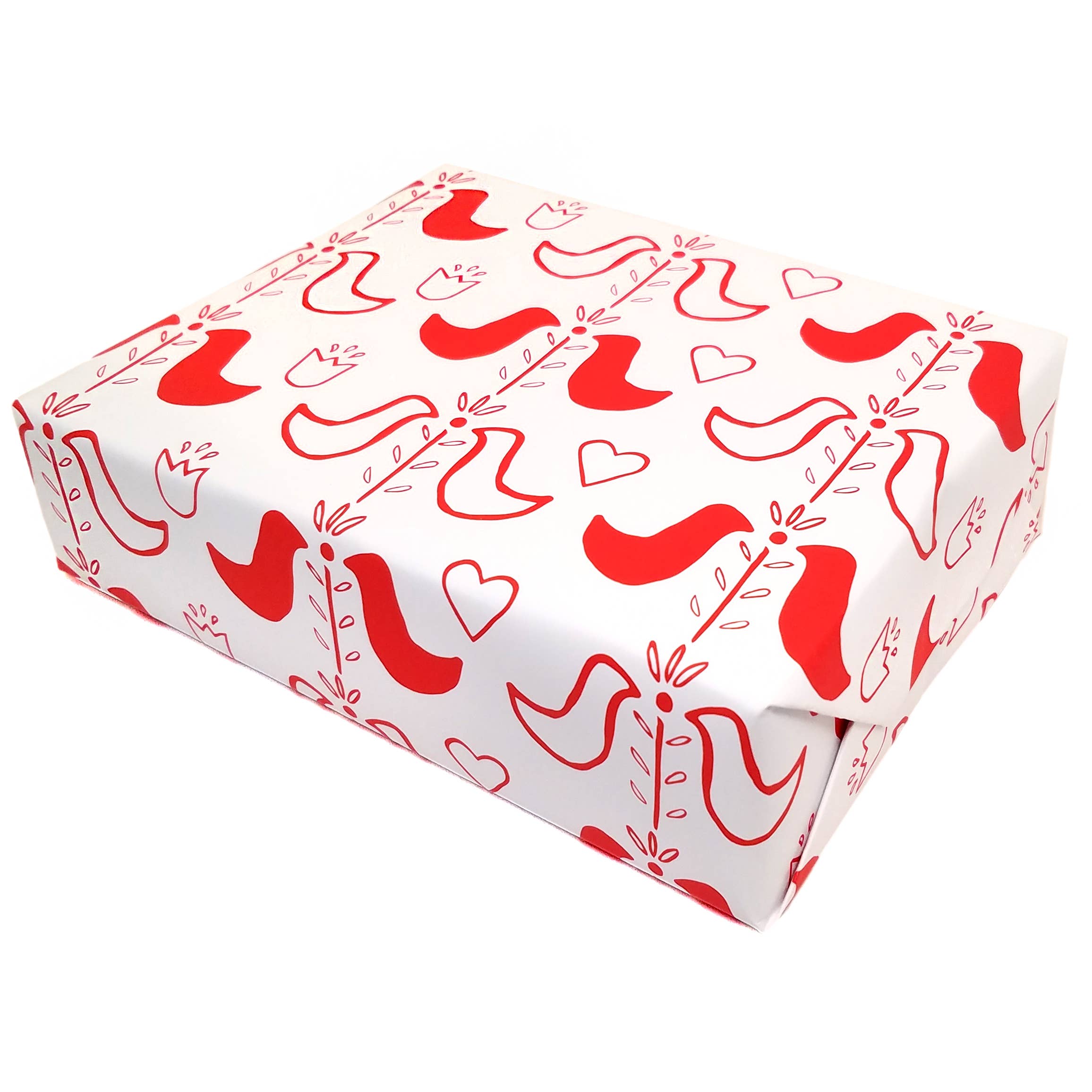 White box with red folk art red bird and floral & heart pattern on a white background