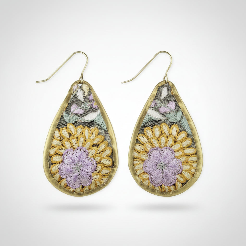 Teardrop-shaped earring with floral design on a white background