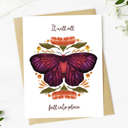 Close-up of moth illustration on front of encouragement card