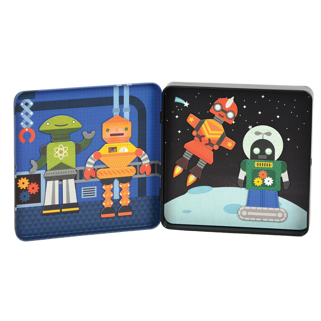 View of tin open with a series of robots created and added to a scene within the tin