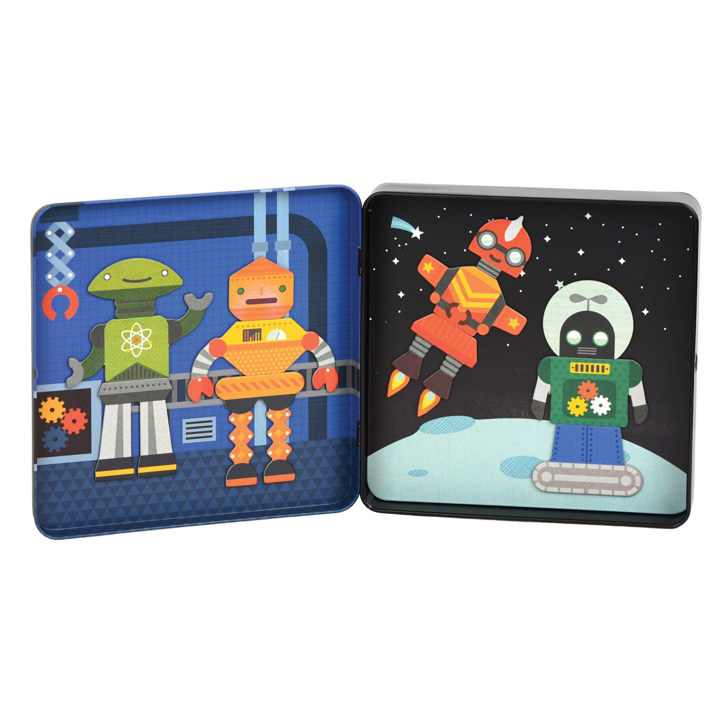 View of tin open with a series of robots created and added to a scene within the tin