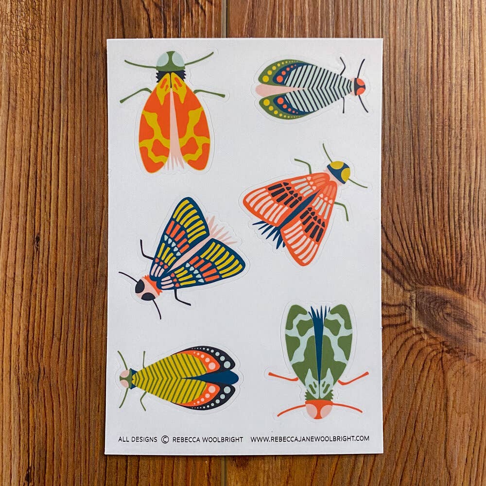Full Bug Picnic sticker sheet with 6 colorful hand-drawn insect designs by Rebecca Jane Woolbright