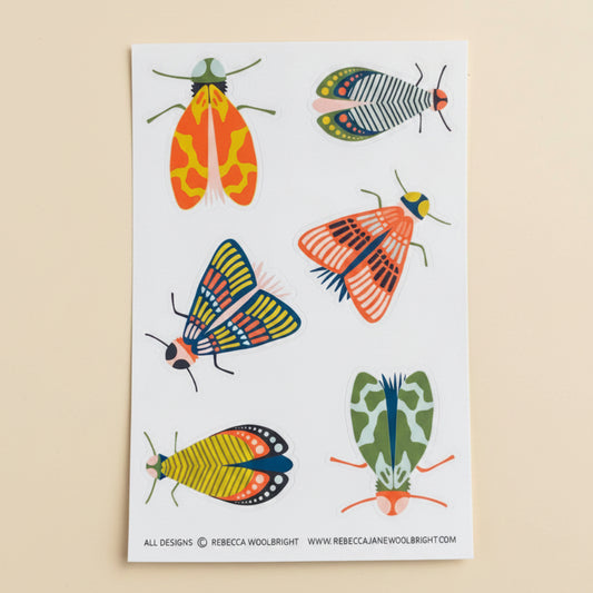Full Bug Picnic sticker sheet with 6 colorful hand-drawn insect designs by Rebecca Jane Woolbright