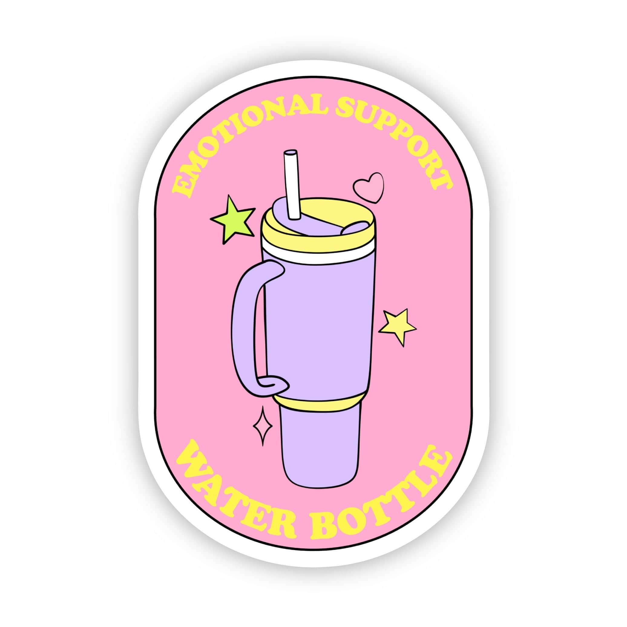 Sticker with a purple water bottle illustration on a pink background with text that say. 'Emotional Support Water Bottles'
