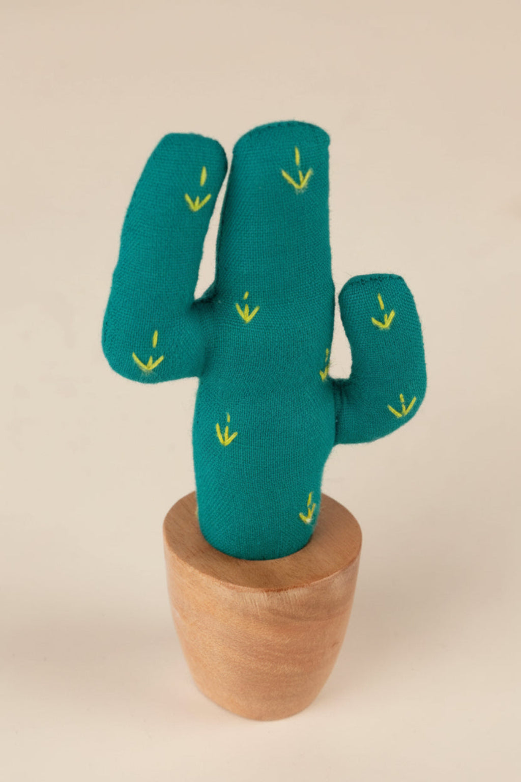 Handmade soft sculpture cactus with neem wood planter