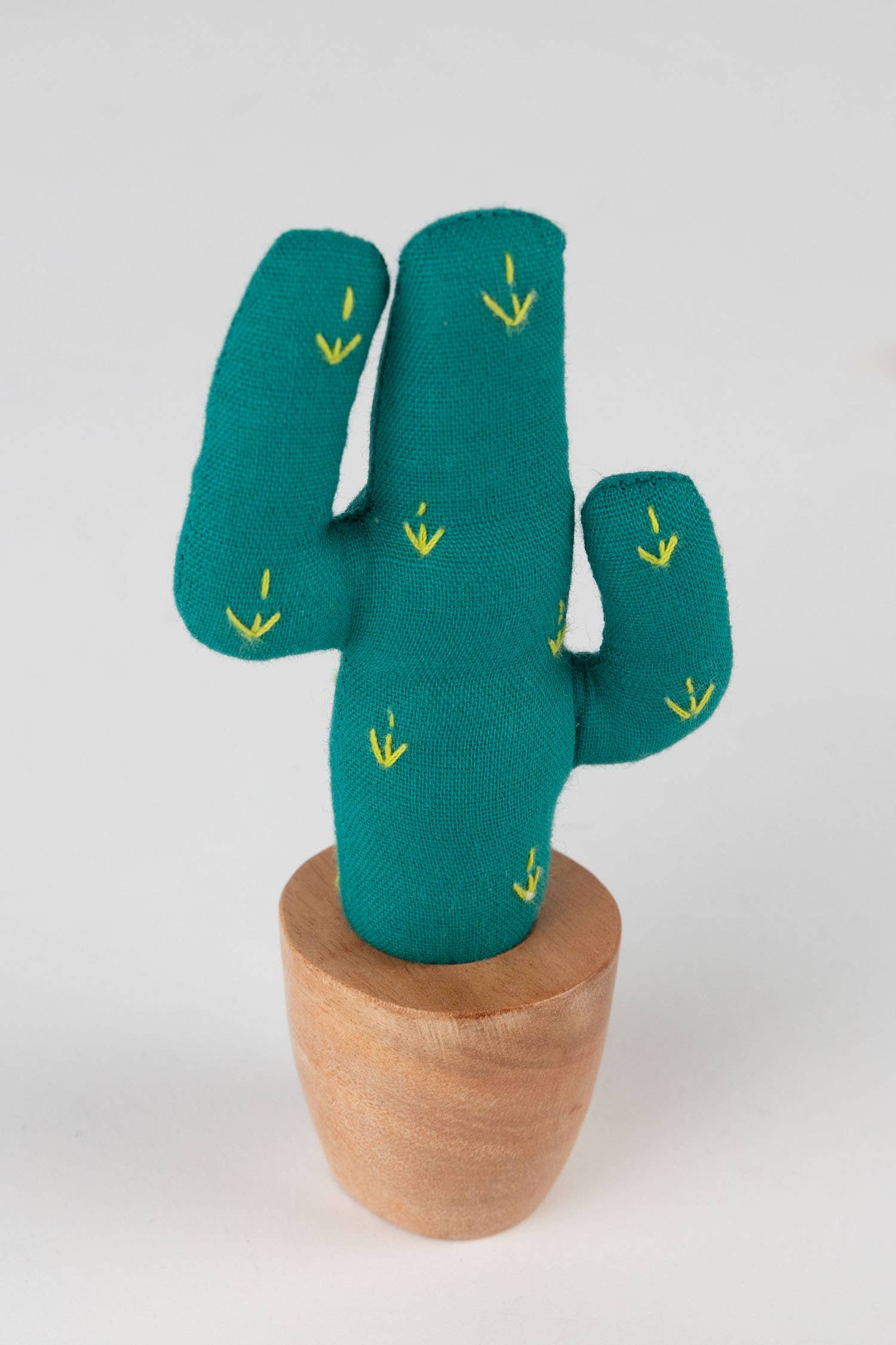Handmade soft sculpture cactus with neem wood planter