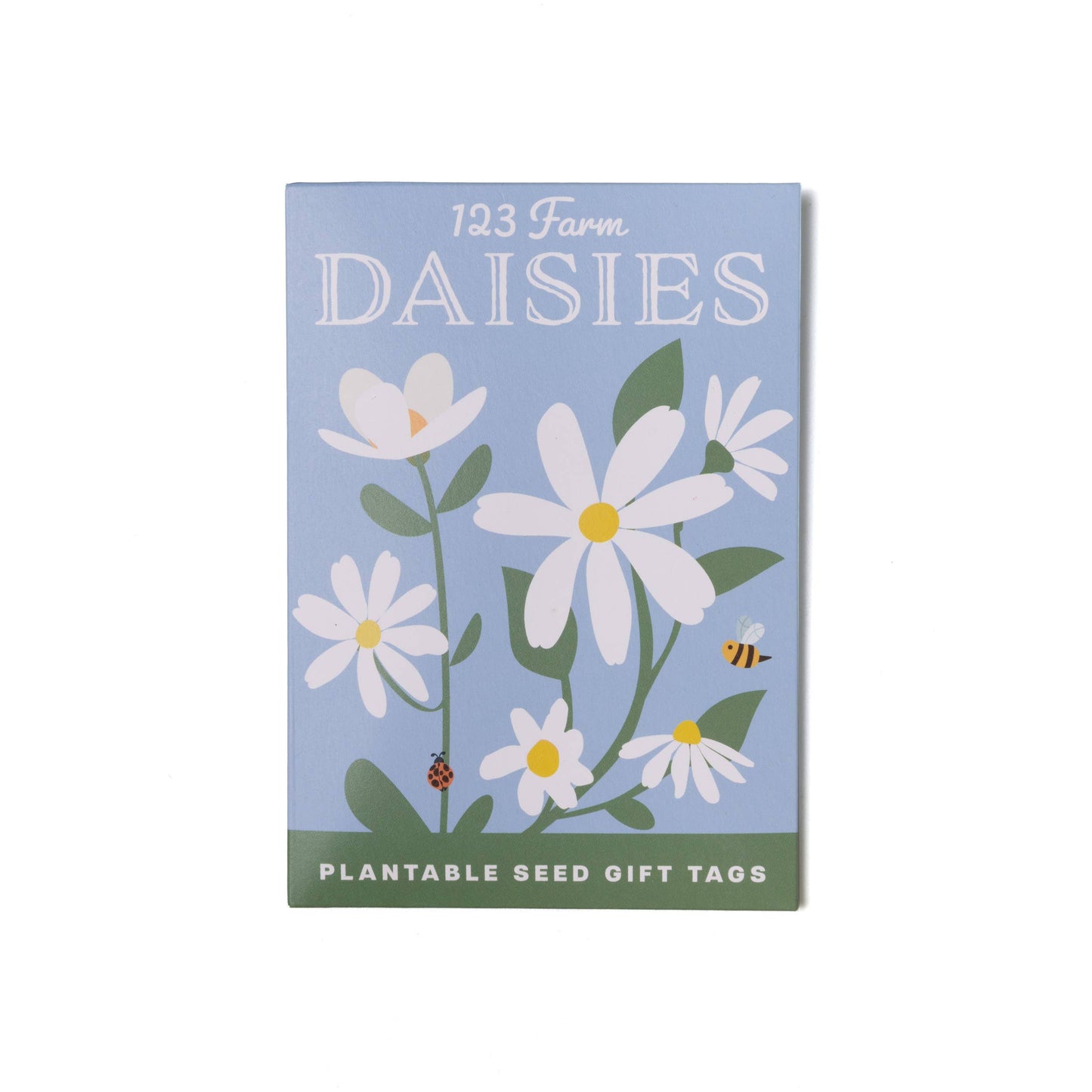 Pack of plantable seed gift tags with daisy design on a blue background