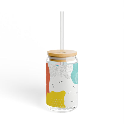 Front view of the 16oz sipper glass with abstract design, bamboo lid, and Tritan straw