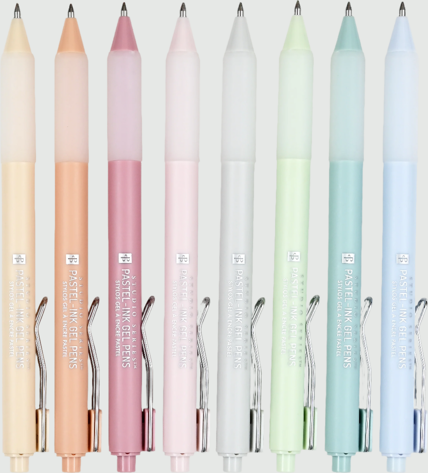 Set of 8 pastel gel pens in a reusable case with visible soft-hued barrels