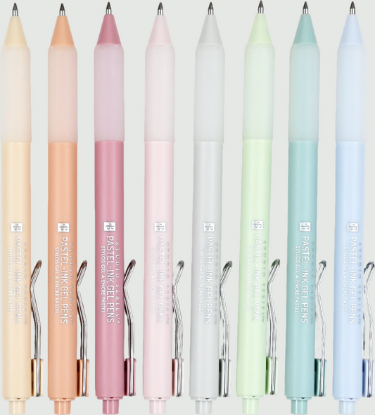 Set of 8 pastel gel pens in a reusable case with visible soft-hued barrels