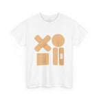 White t-shirt with beige bandage graphic on a white background
