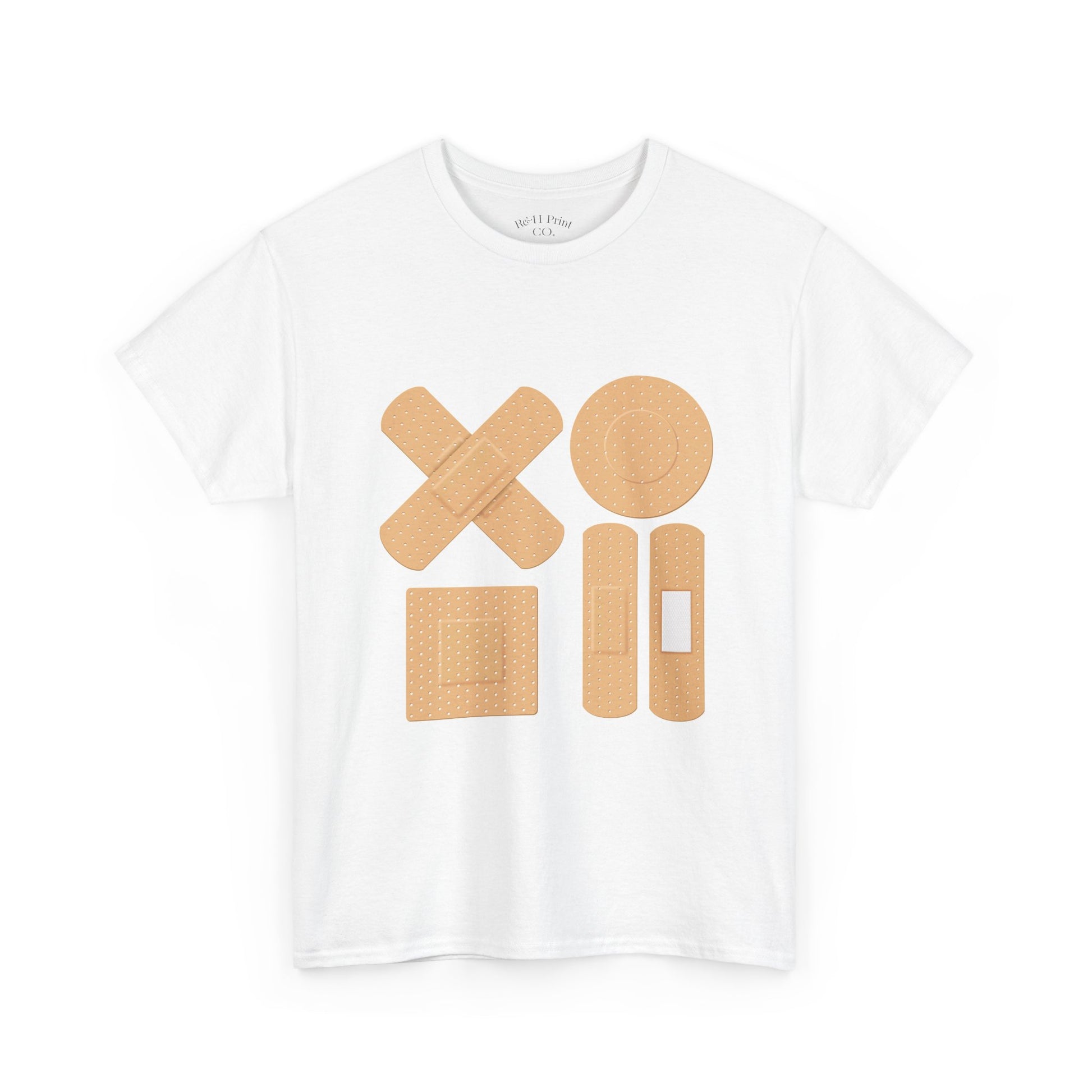 White t-shirt with beige bandage graphic on a white background
