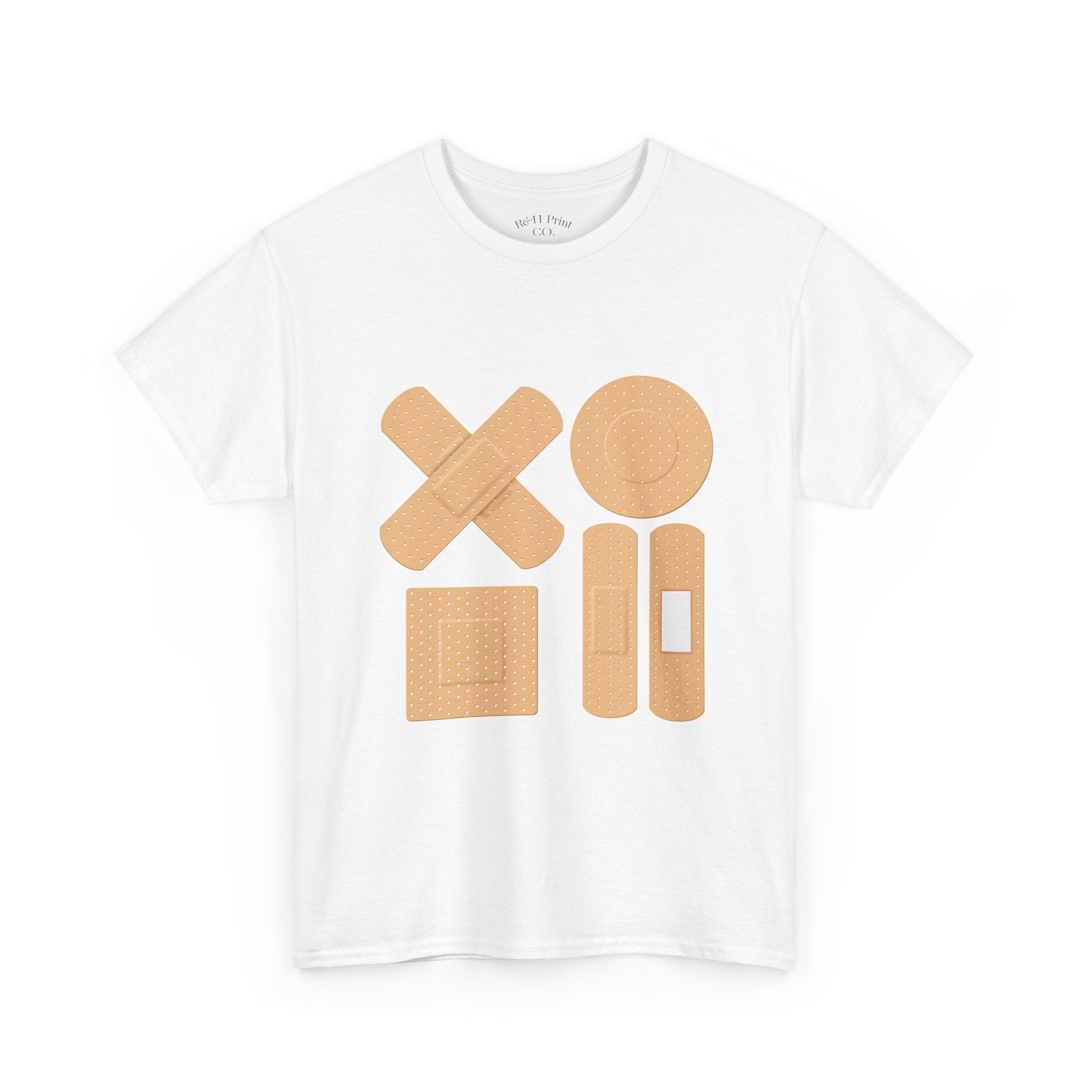 White t-shirt with beige bandage graphic on a white background