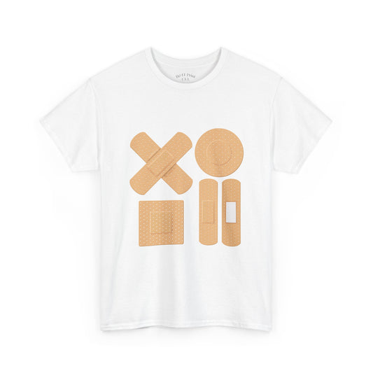 White t-shirt with beige bandage graphic on a white background