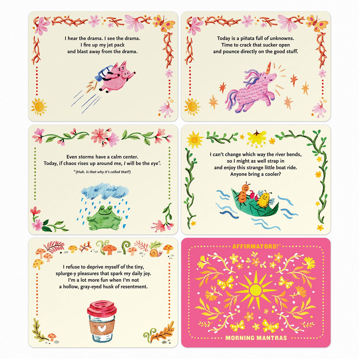 Set of six illustrated cards with motivational phrases and colorful designs on a white background.