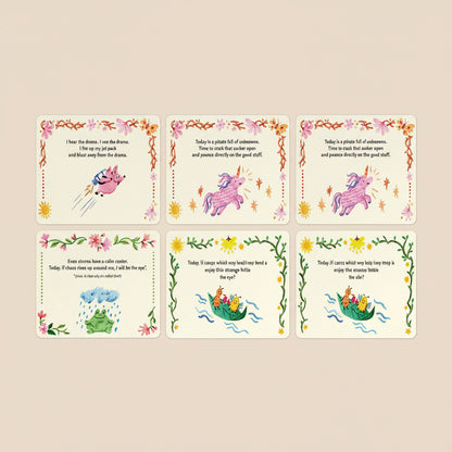 Set of six illustrated cards with motivational phrases and colorful designs on a white background.