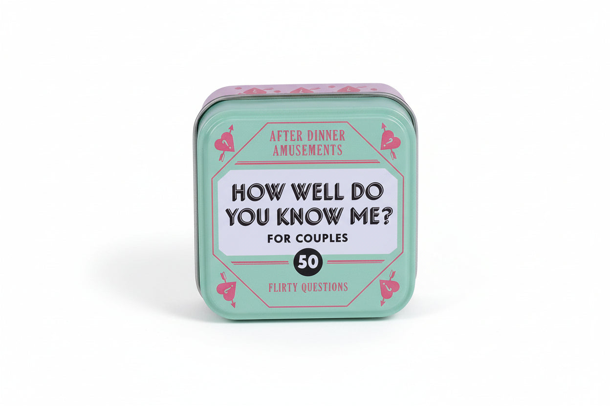 Mint green tin with text 'How Well Do You Know Me? For Couples' on a white background