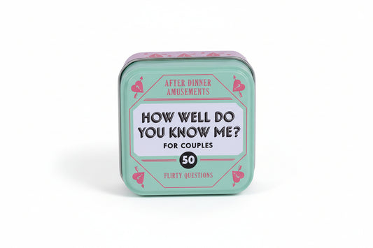 Mint green tin with text 'How Well Do You Know Me? For Couples' on a white background