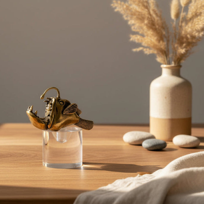 Decorative object on a clear stand with a vase and stones on a wooden surface.