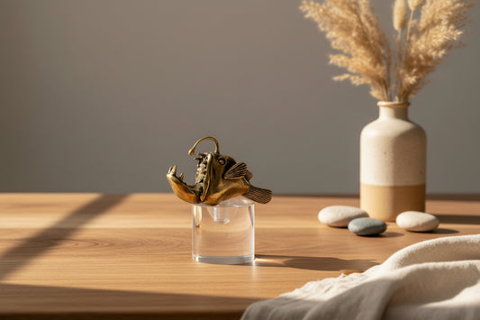 Decorative object on a clear stand with a vase and stones on a wooden surface.