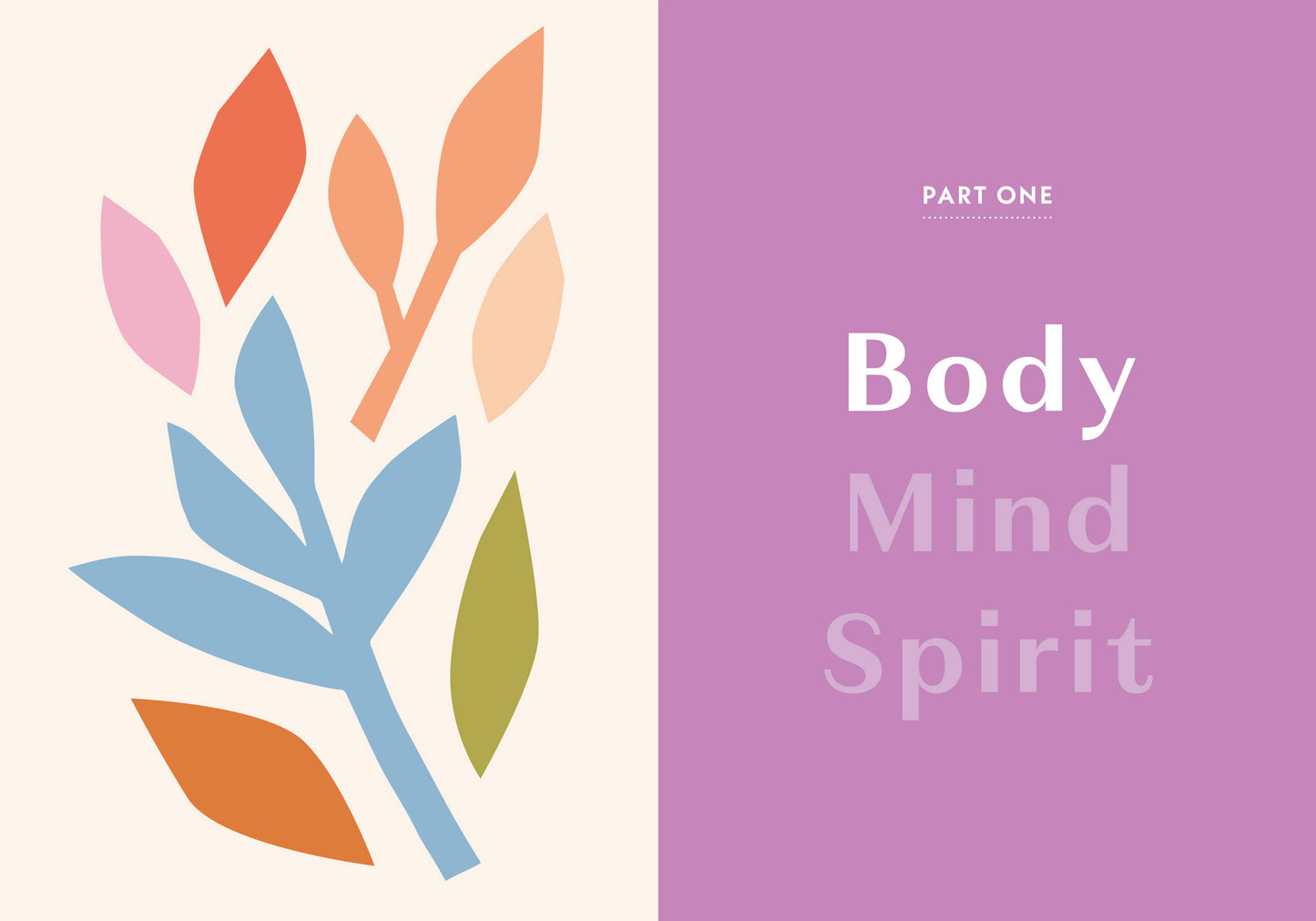 Book cover with colorful leaf illustrations and 'Body Mind Spirit' text on a purple background