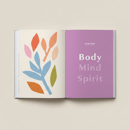 Book pages with colorful leaf illustrations and 'Body Mind Spirit' text on a purple background