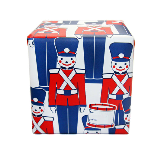 Square box with toy soldier design on a white background