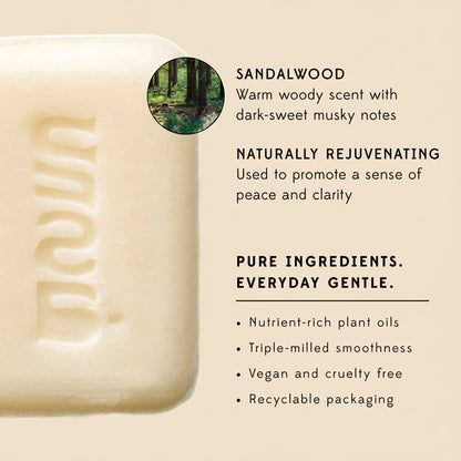 Bar of soap with sandalwood description and features on a white background
