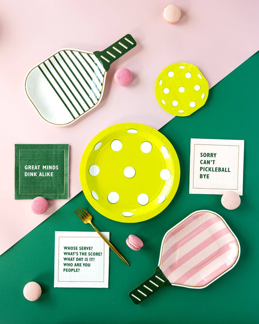 Pickleball-themed cocktail napkins with fun sayings and party set