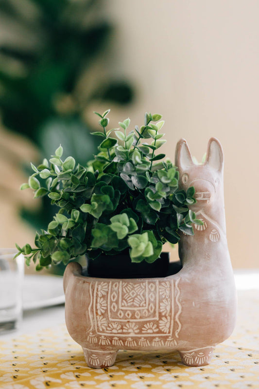 Decorative Llama pot with a plant on a table