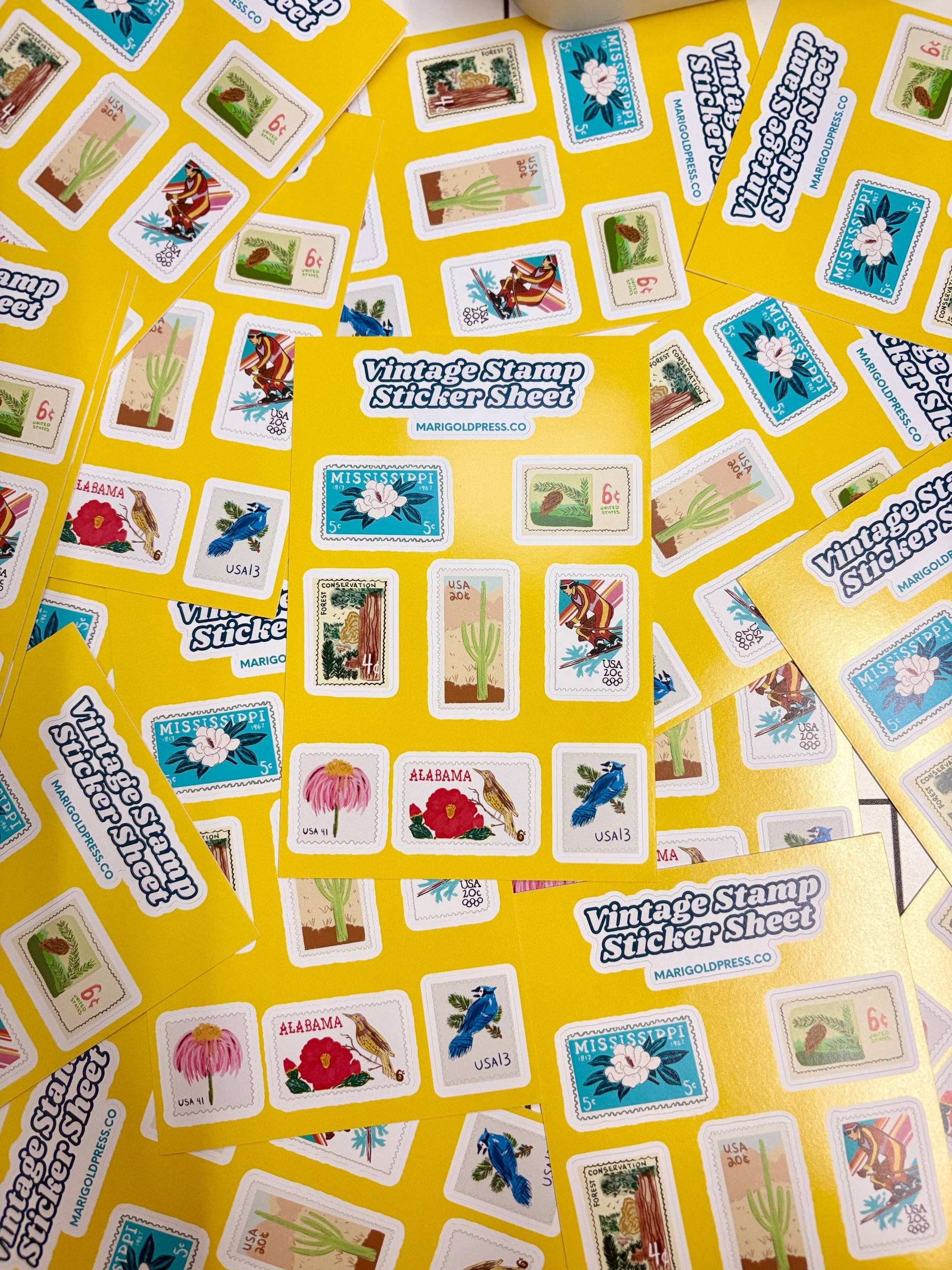 Sticker sheet featuring retro state stamps and portraits